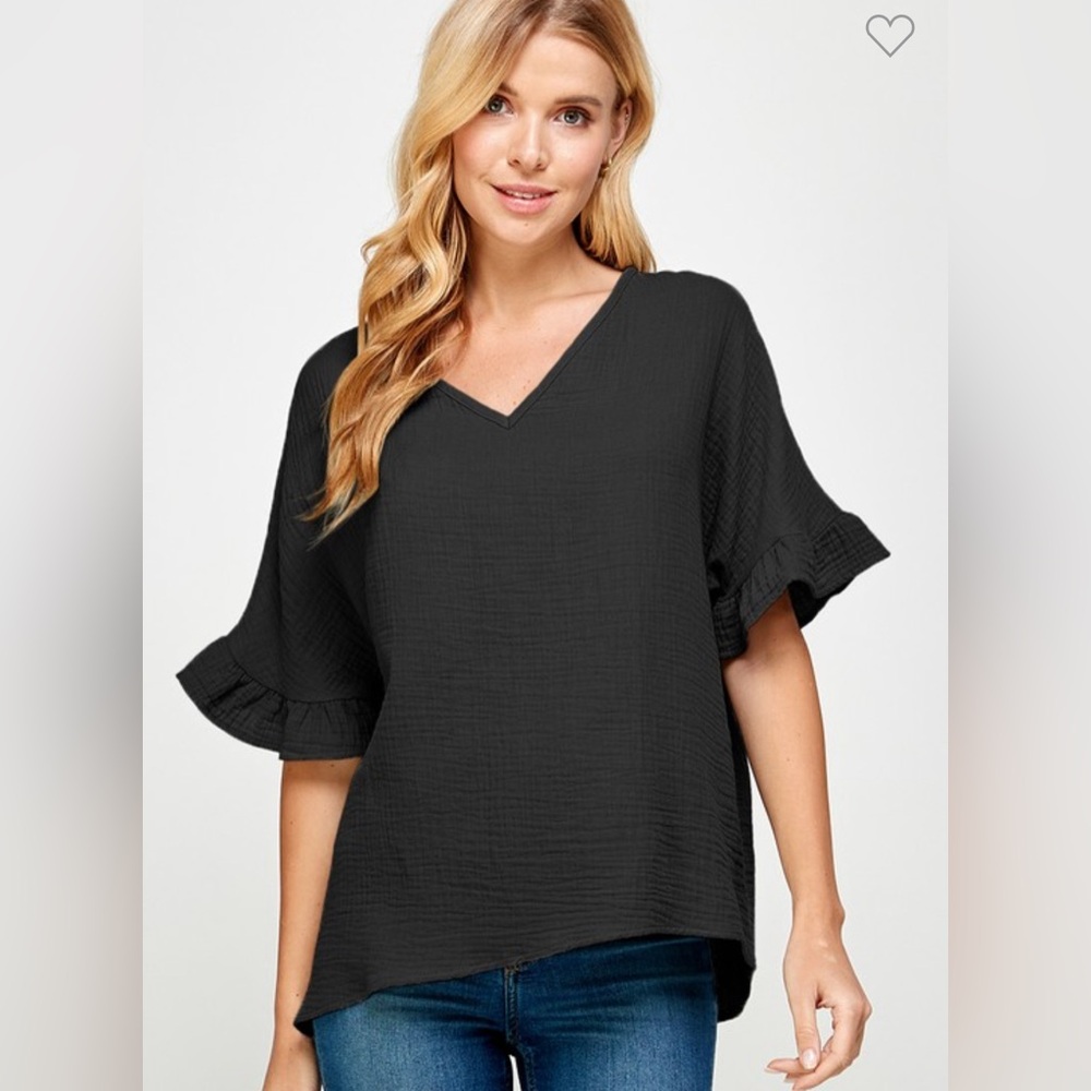 2Hearts Women's Black Ruffle Sleeve Cotton Gauze Blouse - Picture 2 of 4